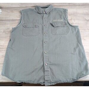 Harley Davidson Army Green Canvas Embroidered Logo Vest Jacket Men's Sz L Large